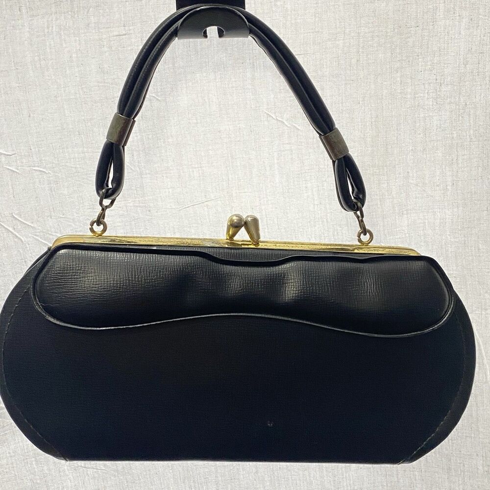 Vintage 1960s Faux Leather Metal Frame Handbag Kiss-Lock Top Handle Small Black